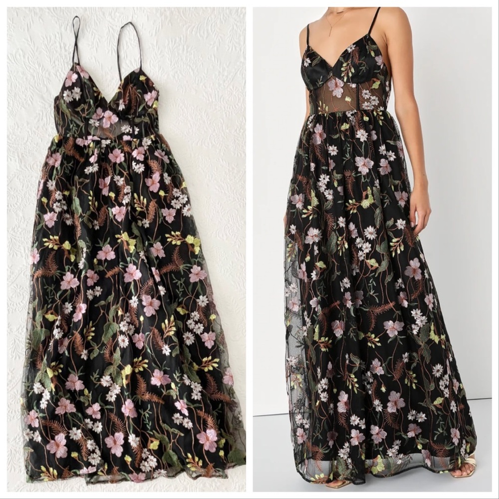 NWOT Lulus Radiant Fantasy Black Floral Embroidered Tulle Maxi Dress Medium